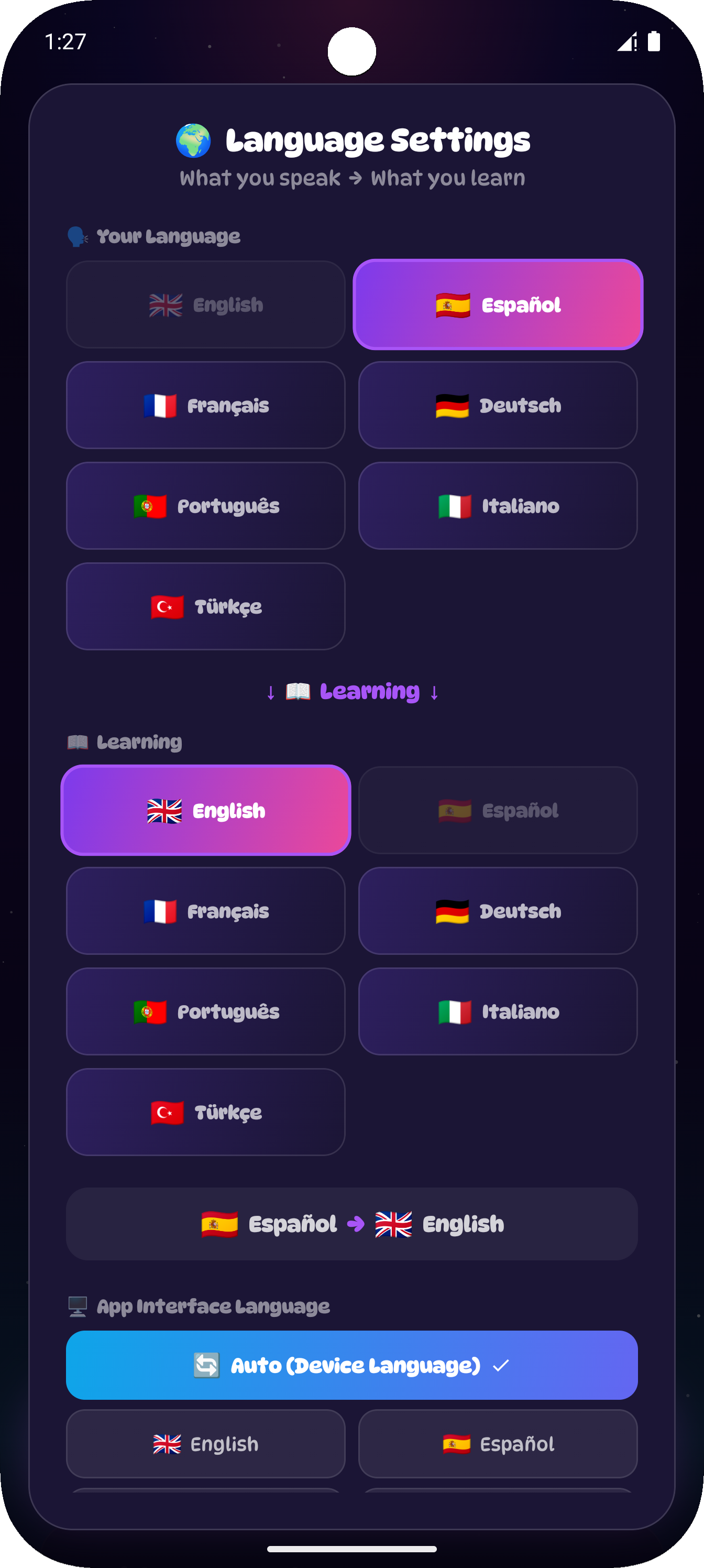 WordsUp language settings