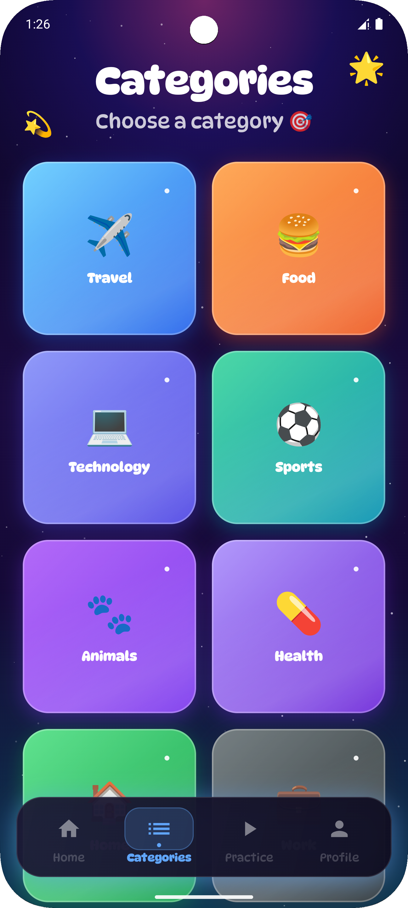 WordsUp categories screen